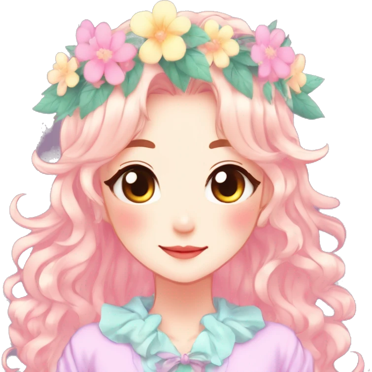 Gorgeous Shiny Colorful Pastel Anime Style Mature Lady with blushing face and pretty hair with a flower crown pastelcore kawaii cottagecore fairycore aesthetic trending style emoji