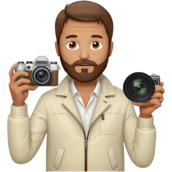 Middle-age male, brown beard and hair, holding camera, off white jacket
 emoji