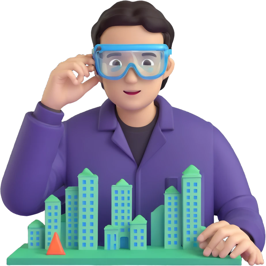 man making a model of a building wearing transparent protective safety glasses emoji