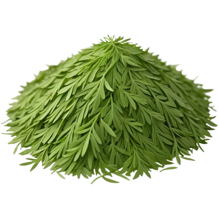 loose sprinkle of fine, feathery green herb flakes, dry airy texture, muted earthy green tones, delicate thread-like pieces, unevenly scattered, evoking dried dill leaves, soft lighting, subtle shadows, emoji scale emoji
