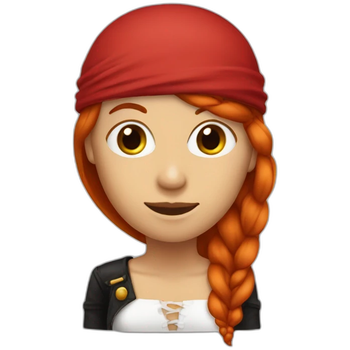 Woman long red hair. Her hair is one long single platt on one side. On Short hair on the other side, pirate hat, skull and crossbones t shirt emoji