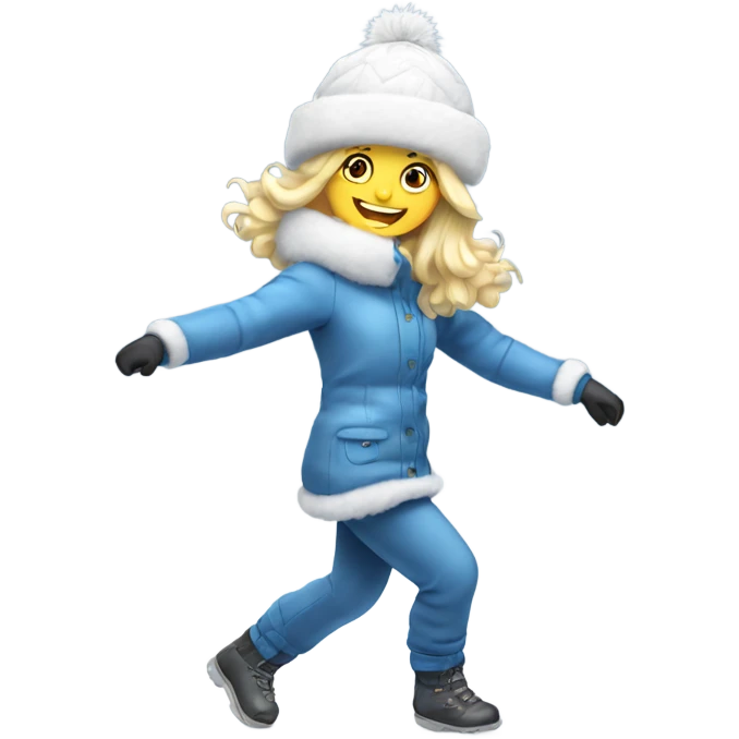 blonde girl in a fur hat and snow suit dancing in snow emoji