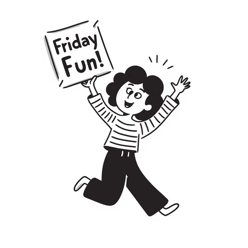cartoon character jumping with joy, holding a sign that says 'Friday Fun!' in hand drawn doodle style emoji