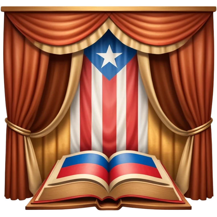 Timeless book with Puerto Rican flag colors flowing across cover like theater curtains, wooden stage elements carved into leather, golden light emerging from within, representing eternal theatrical legacy emoji