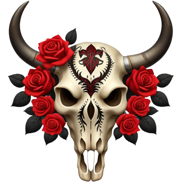 Bull skull with red roses and black intricate patterns emoji