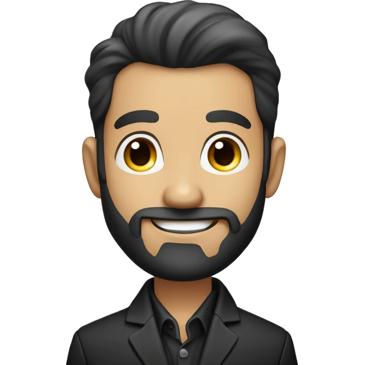 Smiling businessman with a neatly trimmed beard, wearing a black jacket, hand resting on his chin, with a confident and approachable expression. emoji