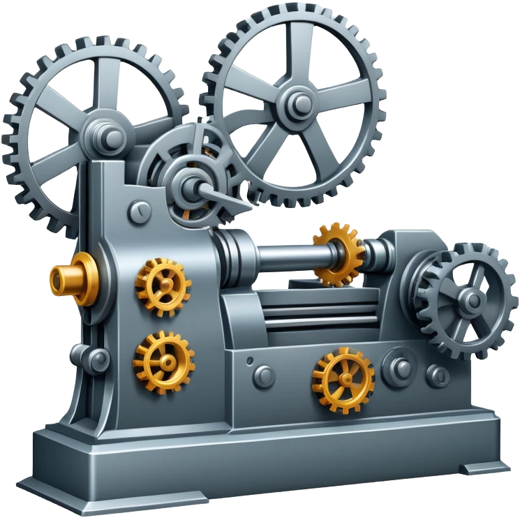 An icon featuring a giant machine tool in a factory workshop, symbolizing mechanical engineering. The design includes gears, levers, and mechanical components, representing the design and manufacturing of machinery. Transparent background highlights the precision and i emoji