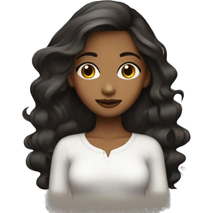 Una chica con cabello negro largo liso  y color trigueña ojos marrones oscuros usando una camisa blanca  emoji