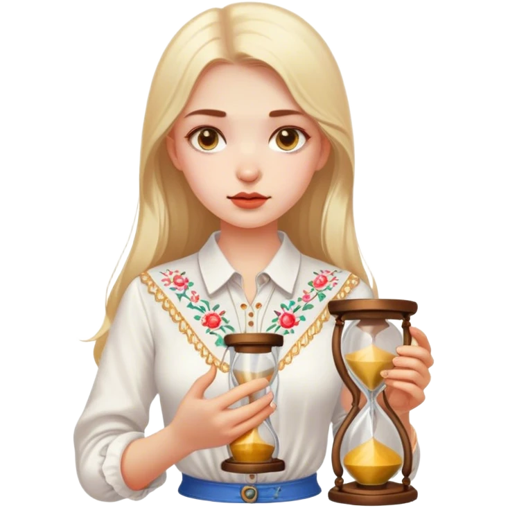 A Ukrainian girl in a white embroidered shirt holds an hourglass in her hands emoji