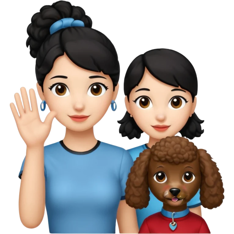 Ponytail black hair girl with brown Poodle say goodbye  emoji