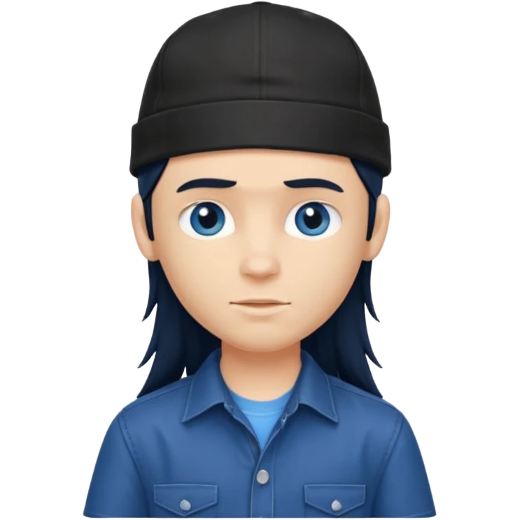 generate a pretty bratz boy wearing a dark blue button up shirt, long black mullet hair. 

Dark blue cap on head emoji