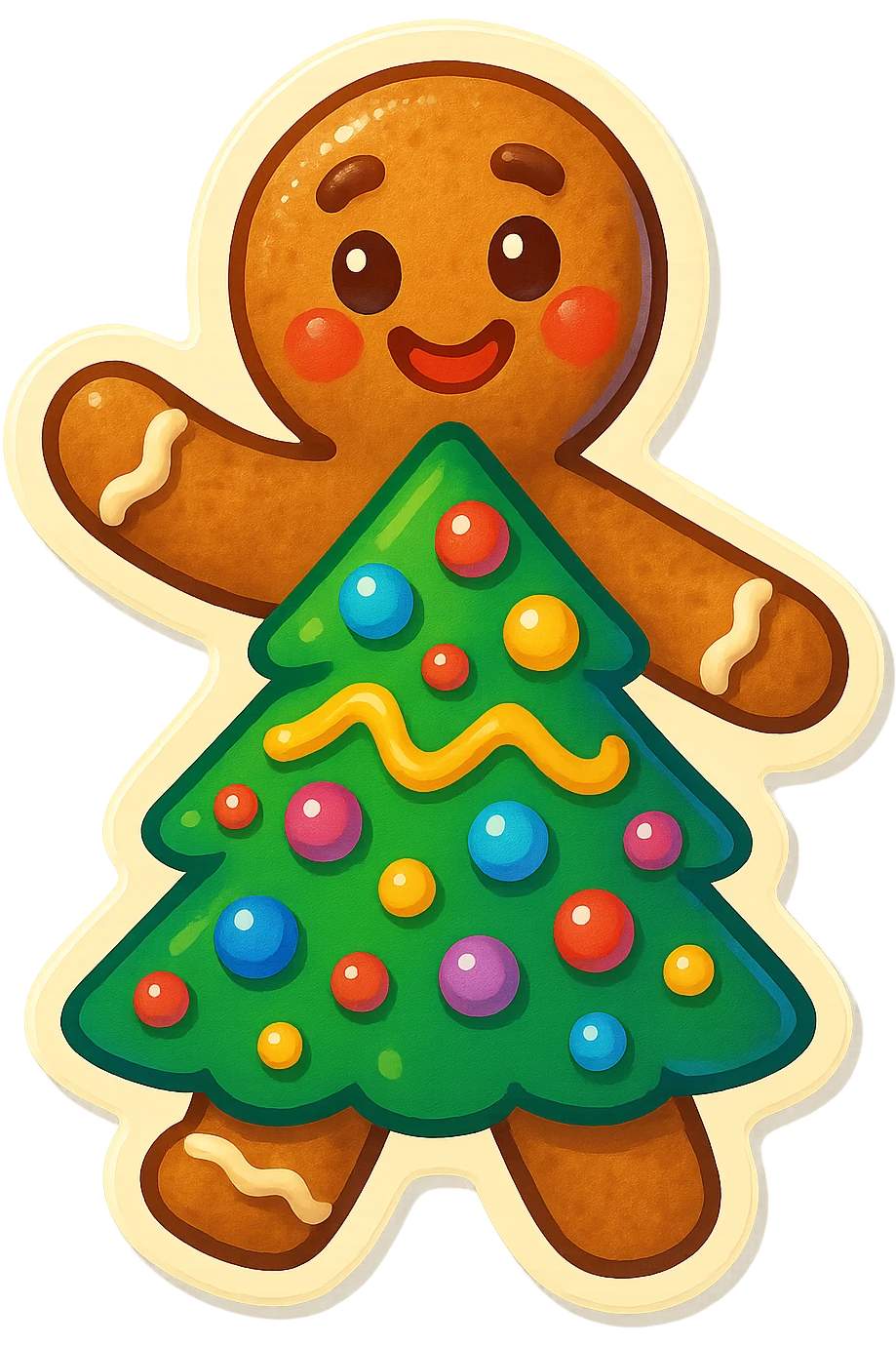 gingerbread man with a tree-shaped body decorated with colorful candies, playful style emoji