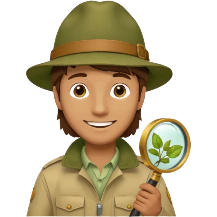  man with brown hair in beige moss green explorer outfit, hat, holding magnifying glass, smile emoji