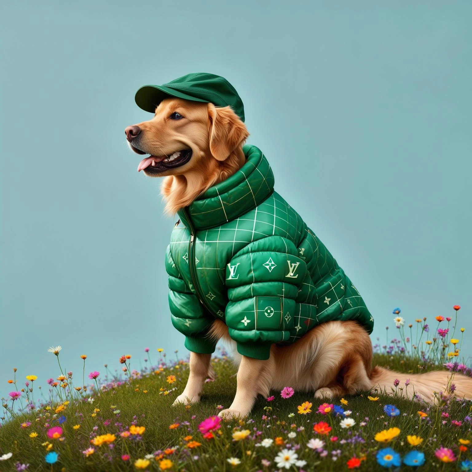 Profile Medium shot, Photo of a happy golden retriver sitting, dress in abstract (green) grid puffer Louis Vuitton jacket, express body, soft light, golden retriver sitting on grass hill with colorfull flowers, green cap, blue minimalistic sky in background, studio emoji
