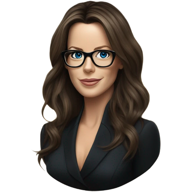 Hyper Realistic photo Kate Beckinsale blue eyes wearing glasses in a business meeting black dress emoji