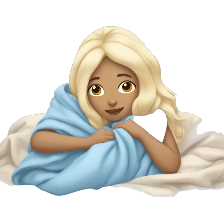 pastel blue blonde girl covered in blankets and lying on a pillow emoji