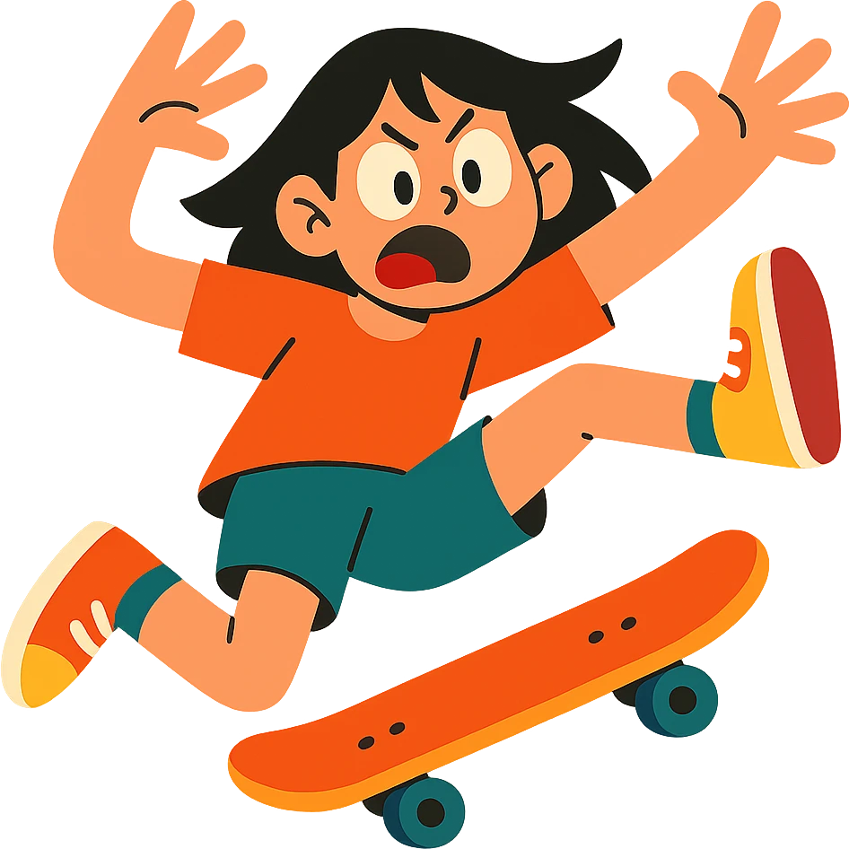 a girl with black hair taking a big fall on a skateboard, dynamic pose, expressive face, cartoon style emoji