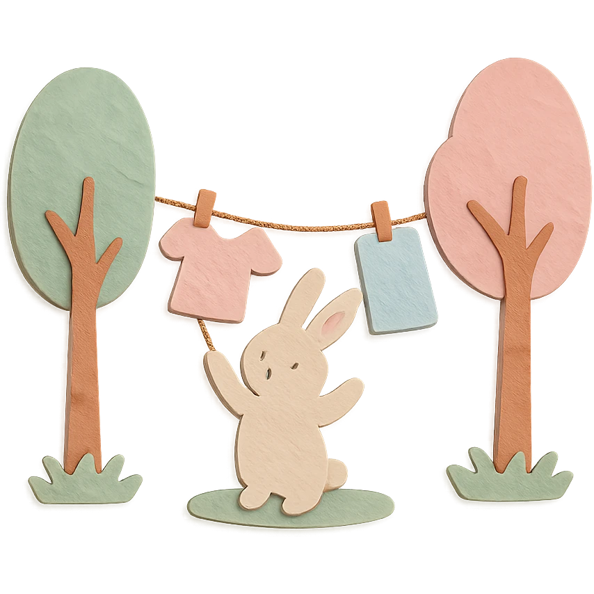bunny hanging laundry between trees, calming domestic forest feel, soft pastel colors emoji