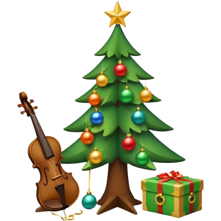 A cute, minimal emoji-style Christmas tree with a bright green triangular shape, decorated with a simple glowing light garland and round colorful baubles, a wooden violin replacing the trunk, and a small playful monkey sitting at the very top carefully placing a golden Christmas star emoji