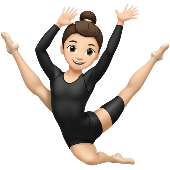 "A gymnast in black outfit with a smile and a look of surprise (normal skin) emoji