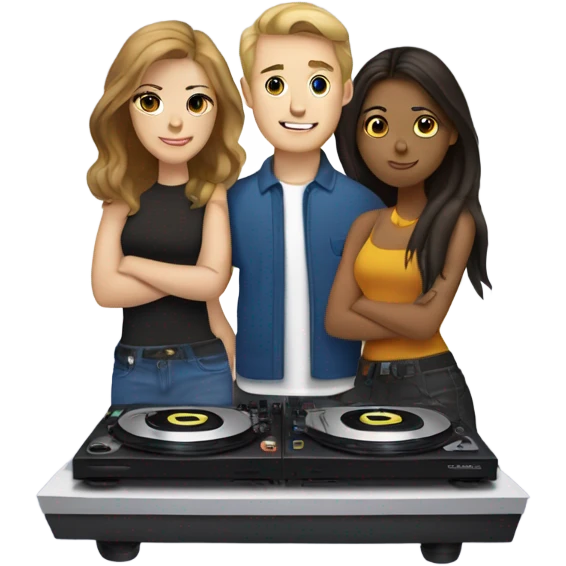 3 people: a white girl, a brown girl, and a white guy behind DJ turntables together emoji
