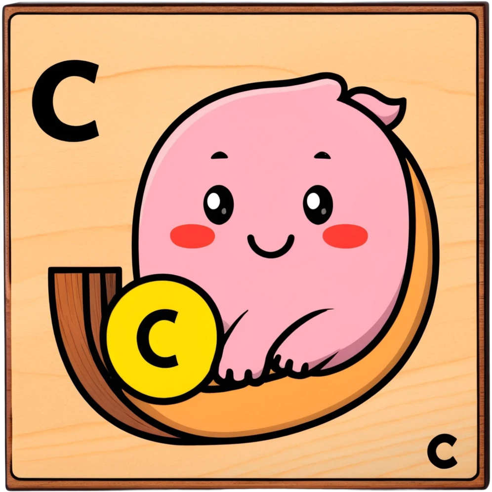 A cartoon wooden alphabet block with letter C and a cute face with rosy cheeks emoji