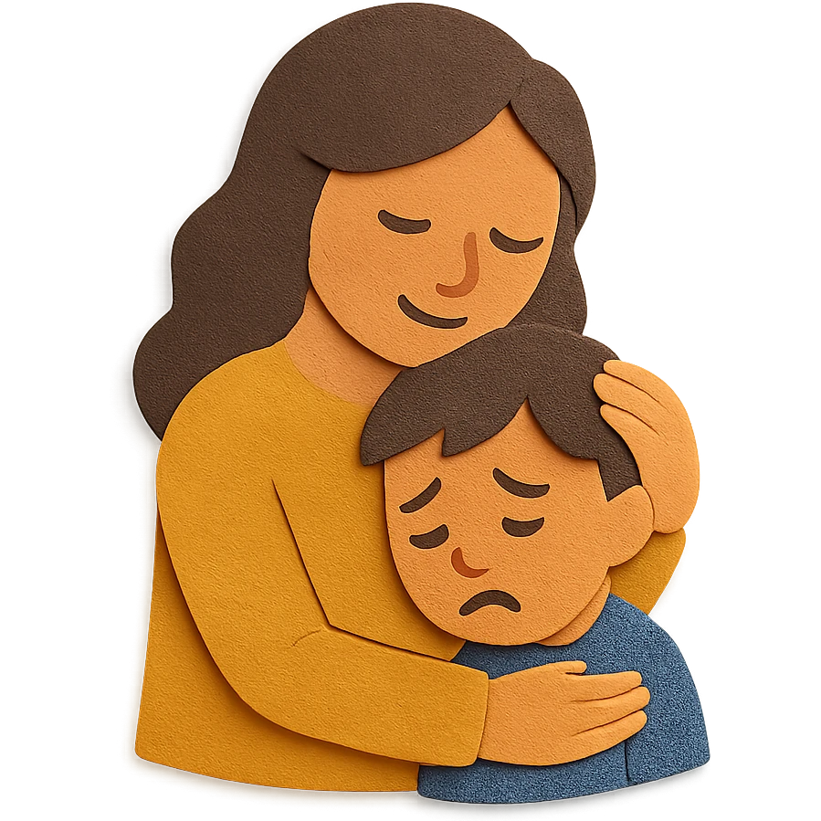 mother hugging a sad child, layered paper look, textured emoji