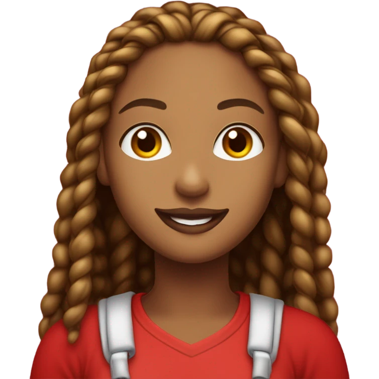Light brown lady smiling,  brown long African braids, bright red lips, eyelashes, wearing red “happy Valentine’s Day” t shirt emoji