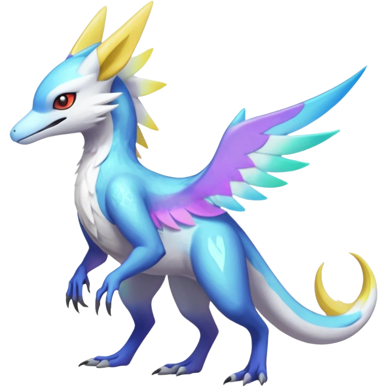 Colorful scaly flurry iridescent shiny bioluminescent translucent luminescent neon pastel bright pale Latias-Sergal-Vernid-Silvally-Renamon-Zeraora-Bastet-Fakémon-hybrid-fusion-creature, full body emoji