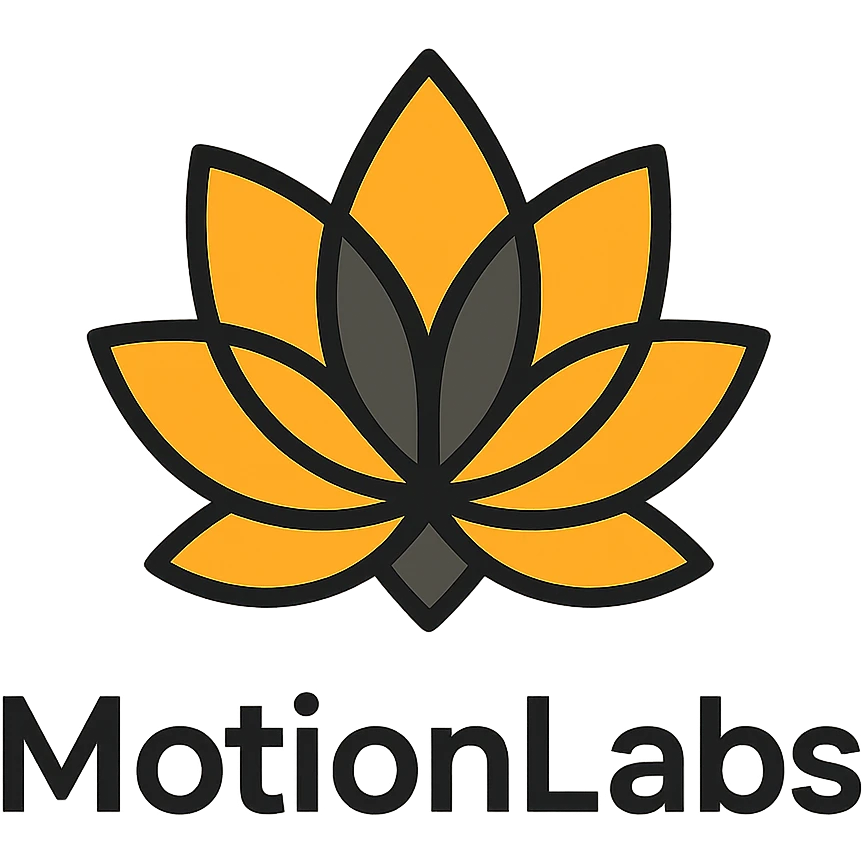 luxury logo for MotionLabs with geometric lotus symbol, colors #ffa31a, #292929, #1b1b1b, black background emoji