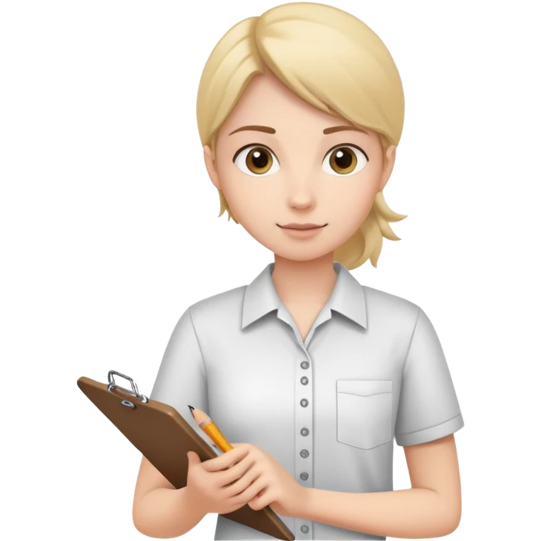 intern or volunteer holding a clipboard and pencil, ready to take notes or assist. The character wears a simple shirt and has an eager posture emoji