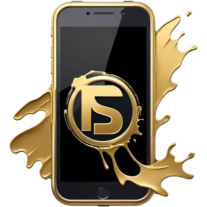 Floating smartphone frame showing a rotating product video bleeding into metallic gold (#D4AF37) brushstrokes forming a "PS" logo, obsidian black (#000000) phone frame, bold condensed font (e.g., Archivo Black), viral-ready aesthetic with painterly textures --style abstract --no cluttered details, text-heavy designs emoji