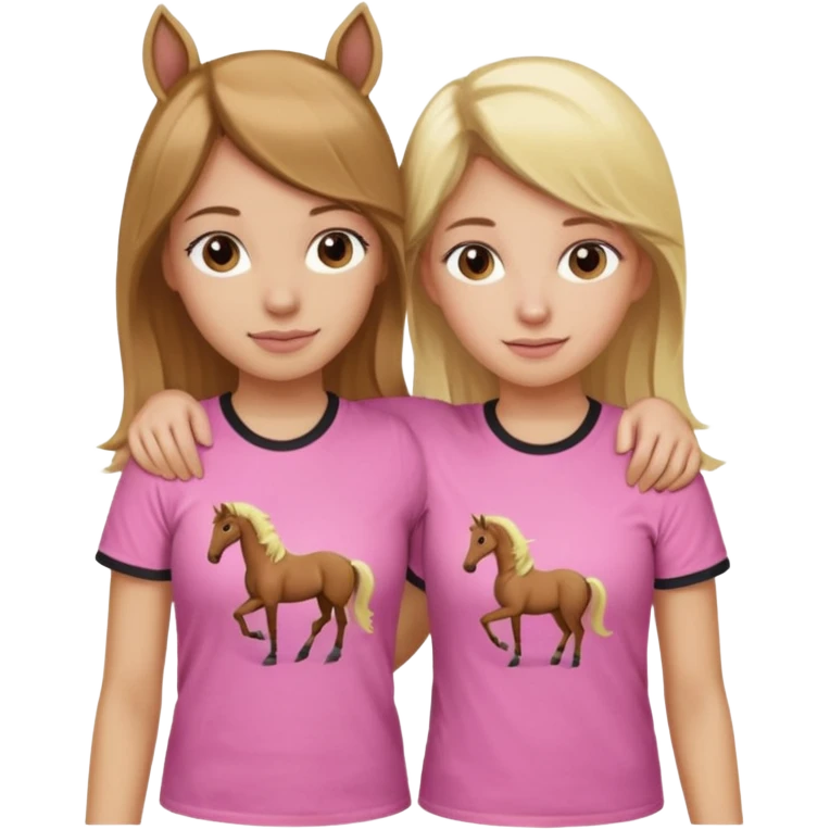 Two Girls with their arms around each other at summer camp one blonde one brown hair brown hair wearing pink horse shirt emoji