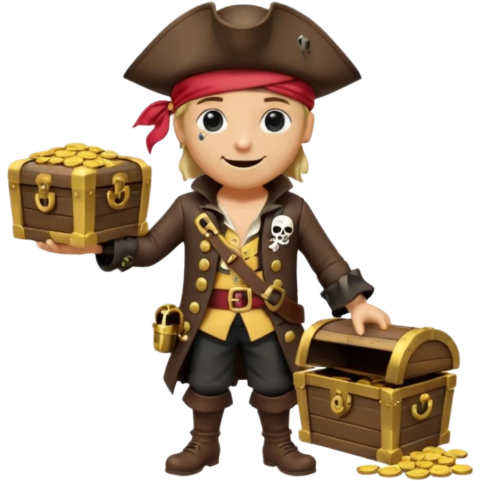 A 3D cartoon pirate character with one eye covered by a black eye patch, holding a treasure chest filled with gold coins and jewels, standing on sandy ground, wearing a pirate hat and coat, warm sunset lighting, realistic Memoji-style rendering. emoji