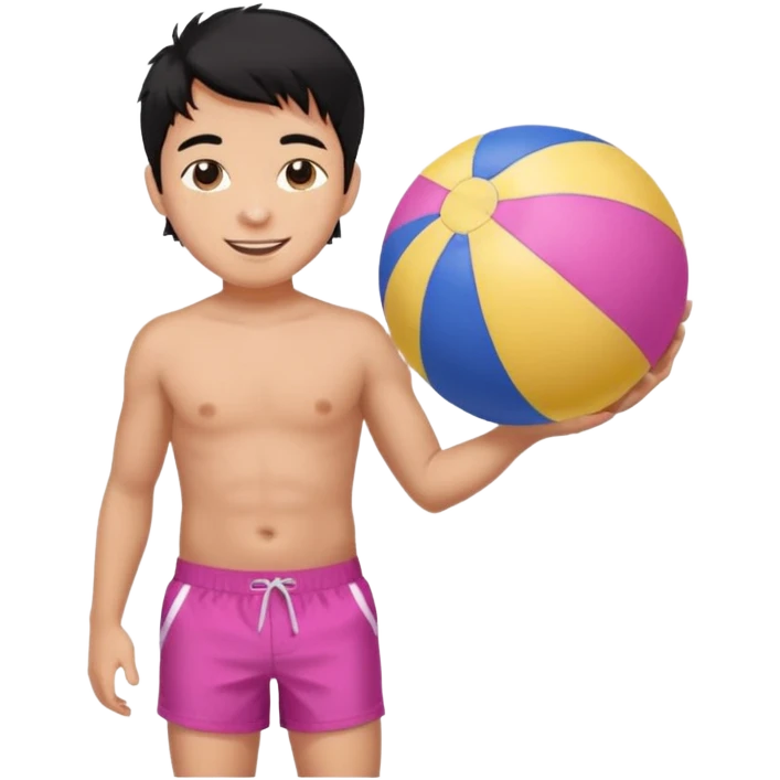 Hawaiian boy with black hair with pink highlights and a swim short, with beach ball emoji