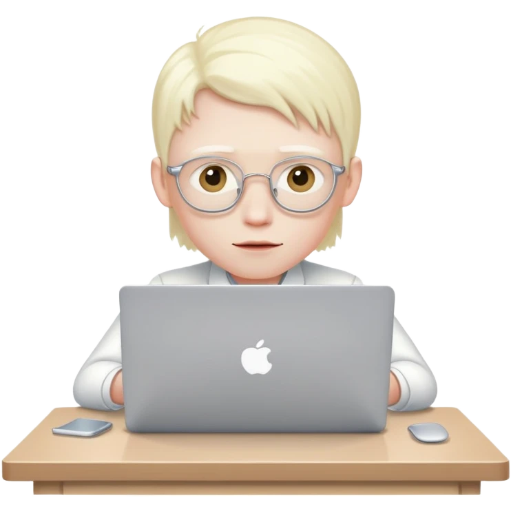 albino youtuber on laptop with desk wearing eye contacts emoji