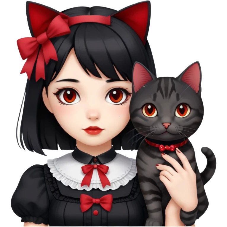 girl wearing black Lolita style dress, with medium-length black hair with red tips, and a black American Shorthair tabby cat emoji