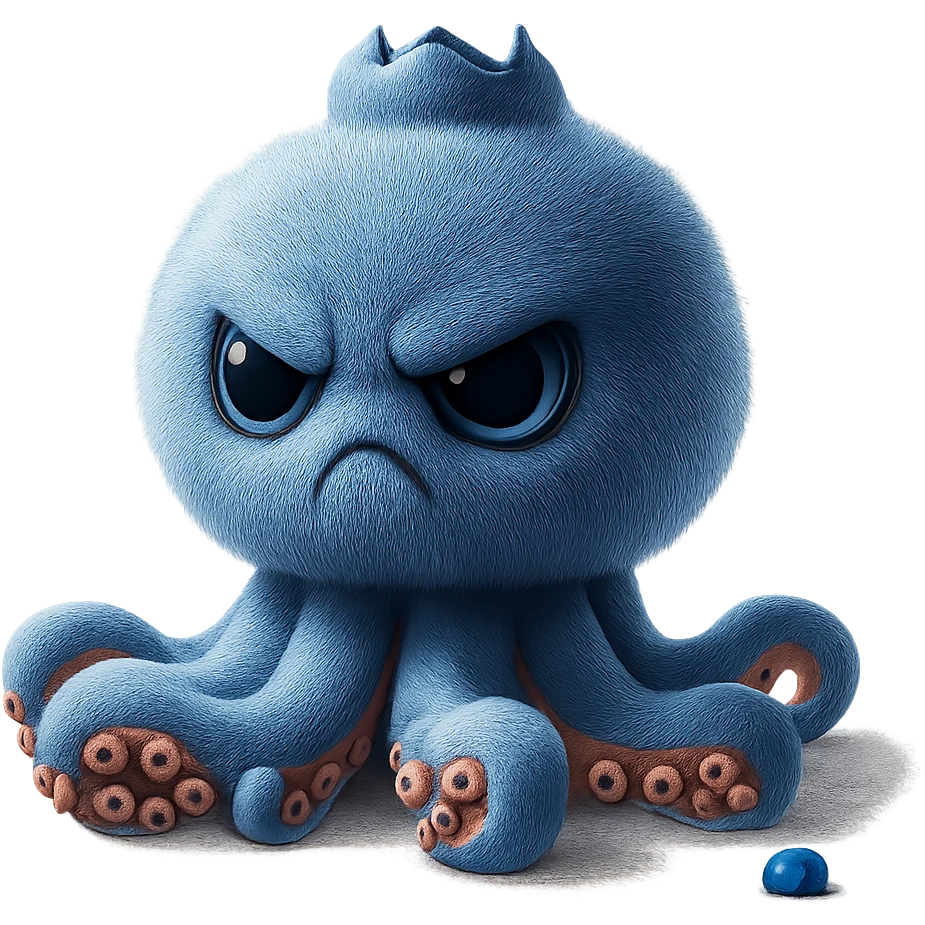 Change the octopus character's face to an angry expression, keeping the image quality and style the same, transparent background, maintain the original style and details. emoji