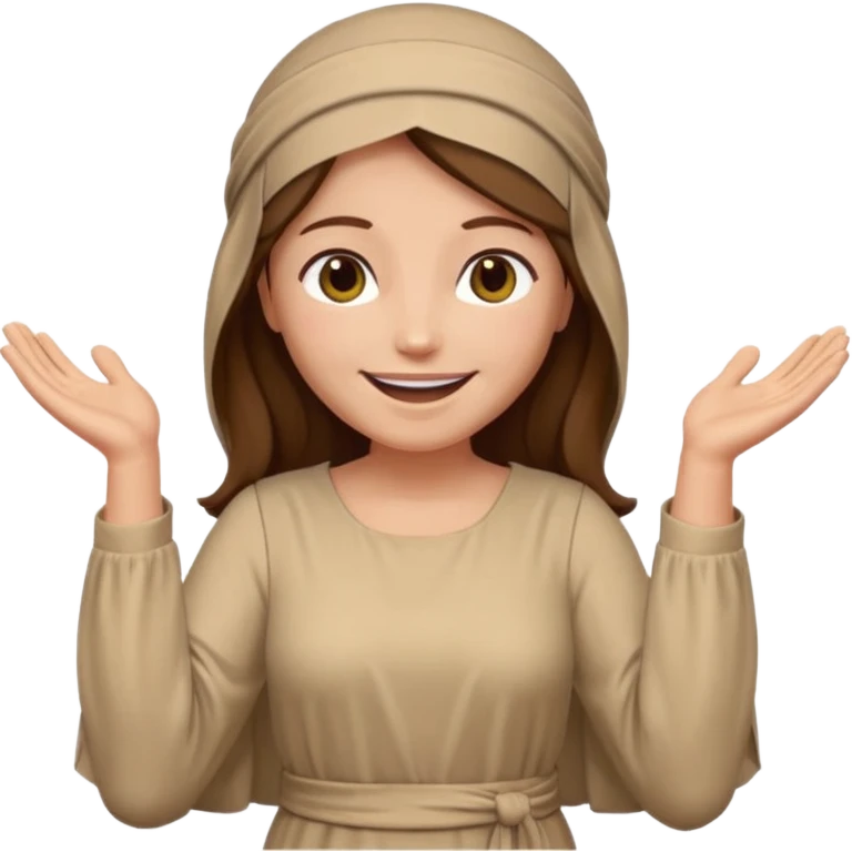 fullbody, head-to-toe, Lazarus's sister, Jesus's friend, with brown hair, beige dress, and a head covering, normal emoji style, arms open emoji