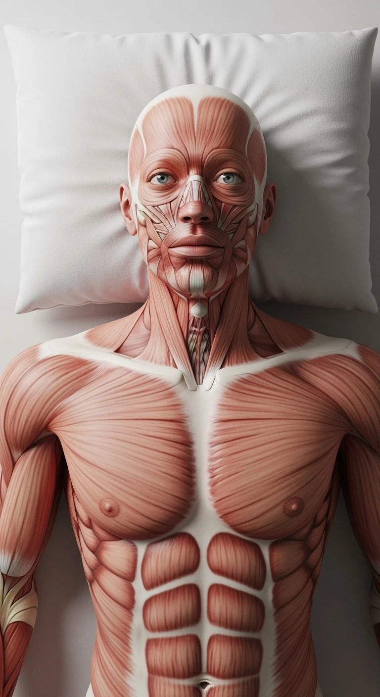 corpo umano anatomico realistico con la testa poggiata sul cuscino ma gli occhi aperti perché non riesce a dormire, visto dall'alto, sfondo bianco
IPERREALISTICO 4K emoji