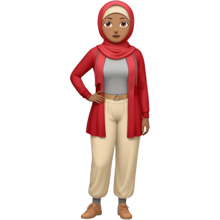 Heavy-set woman with medium-brown skin wearing a light red hijab, cream top, light red pants, tan shoes, and a grey prosthetic leg. Standing confidently with one hand on her hip emoji