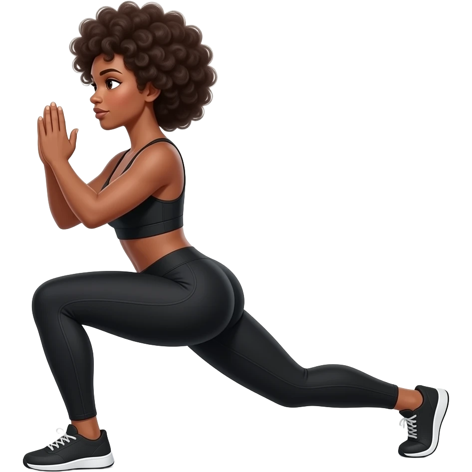 Light-brown Black woman, afro hair, wearing black sports bra and leggings, performing LUNGE, full body, toned glutes and legs, strong posture, realistic fitness style, clean background, soft lighting. emoji