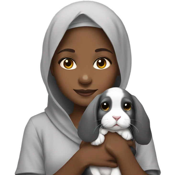 Black Muslim girl holding her 3 cute gray holland lop emoji