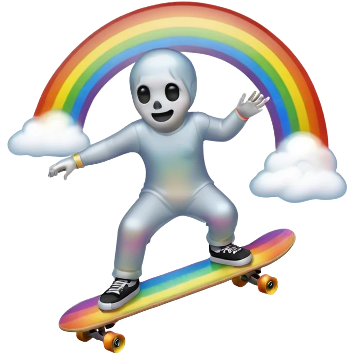 ghost emoji skate boarding under a rainbow  emoji