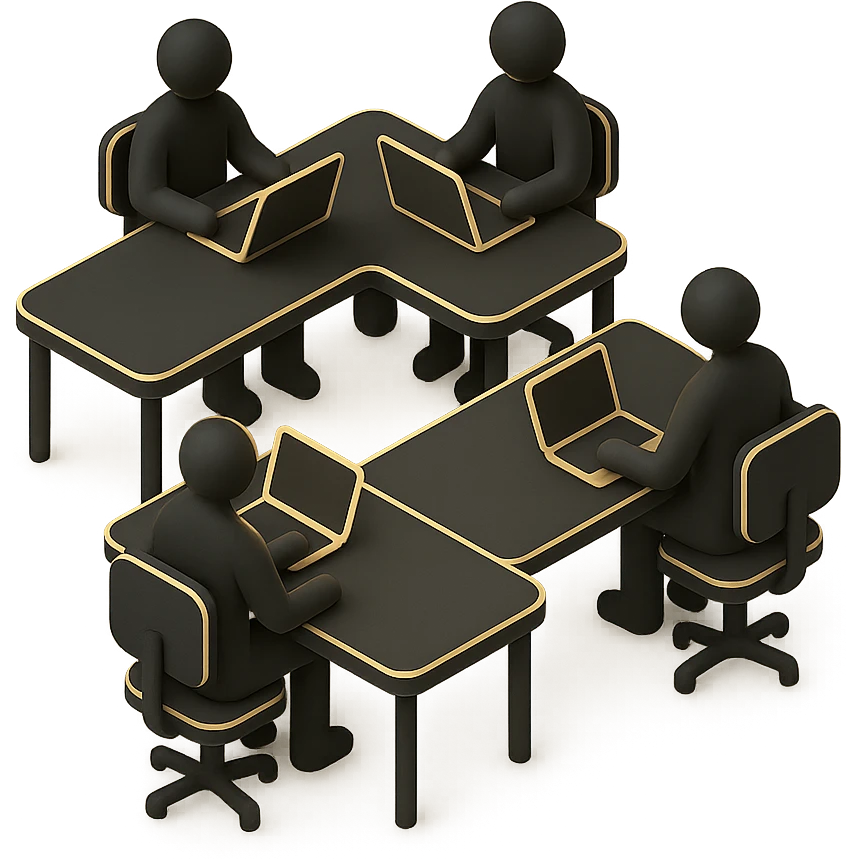 coworking space icon with group of desks and people working together in 3D black style emoji