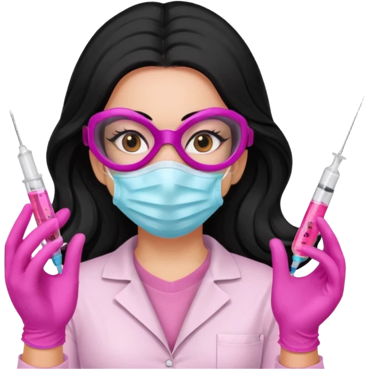 laboratorista con guantes rosa y mascarilla rosa  jeringa tubos  pelo negro largo triguella emoji