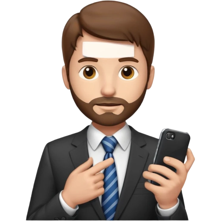 Un hombre con un poco de barba,  de traje con tez clara pelo color castaño, vestido con traje camisa y corbata y celular en mano .  emoji