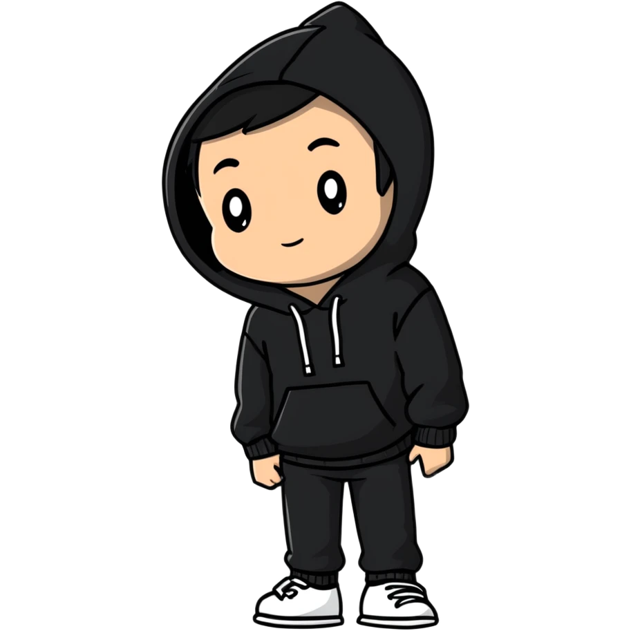 niño con jersei negro, pantalón negro y capucha emoji
