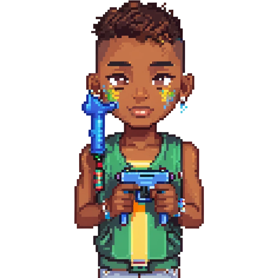 brown-skinned boy with a low taper fade haircut, septum piercing, two eyebrow slits on his left eyebrow, holding a watergun, pixel art style emoji