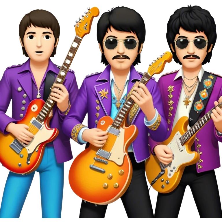 Rock music icon: collage of legendary rock stars—The Beatles, Jimi Hendrix, Elvis Presley, Queen, Nirvana, Led Zeppelin. Electric guitars, amplifiers, and microphones surrounded by vibrant stage lights and musical notes. Transparent background. emoji